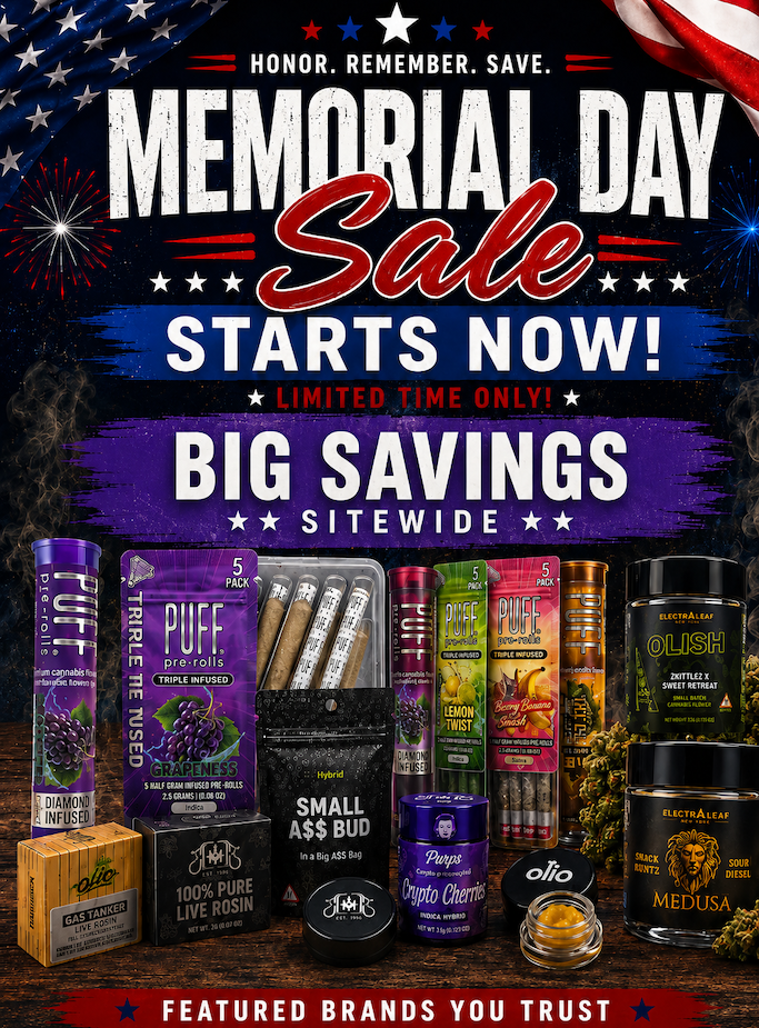 Memorial Day cannabis sale banner featuring Puff infused pre-rolls, Olio live rosin, Small A$$ Bud, Golden Garden, Medusa, and other featured brands at High Dankery Brooklyn