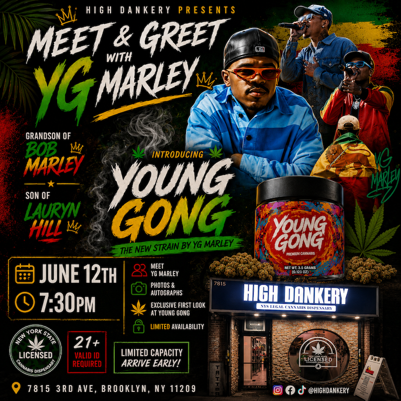 Promotional flyer for YG Marley Meet & Greet at High Dankery in Brooklyn on June 12th at 7:30 PM featuring the launch of the Young Gong cannabis strain.